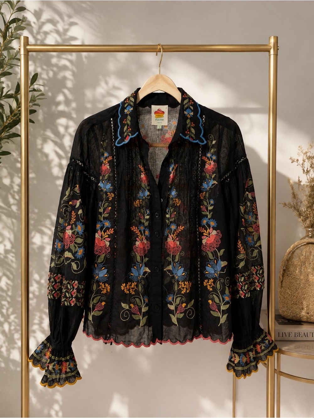 Farm Rio 🍁Embroidered Black Floral Button-Down Blouse - Women's - Picture 2 of 8